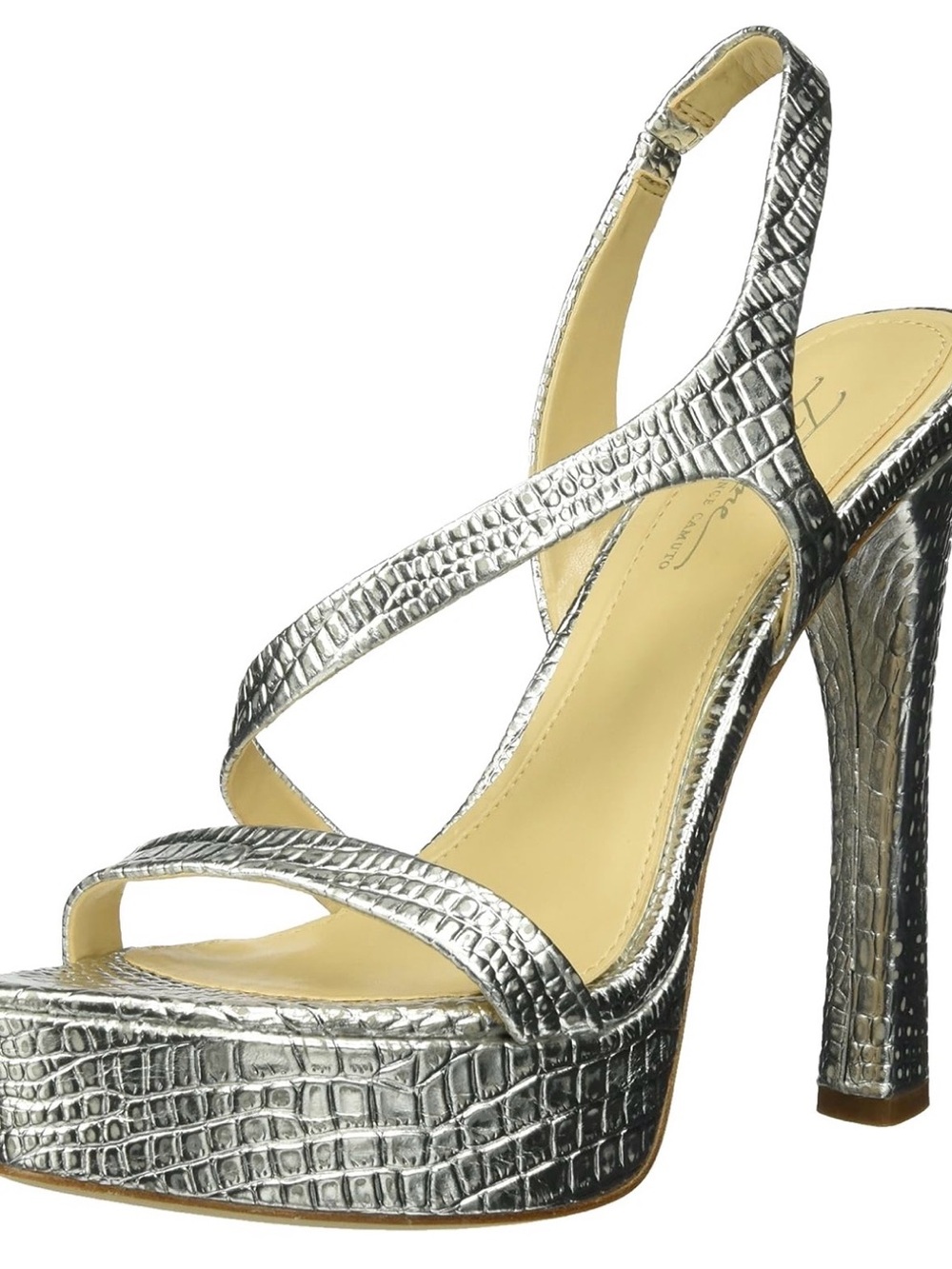 Vince Camuto Metallic Silver Croc-Embossed Platform Slingback Heels